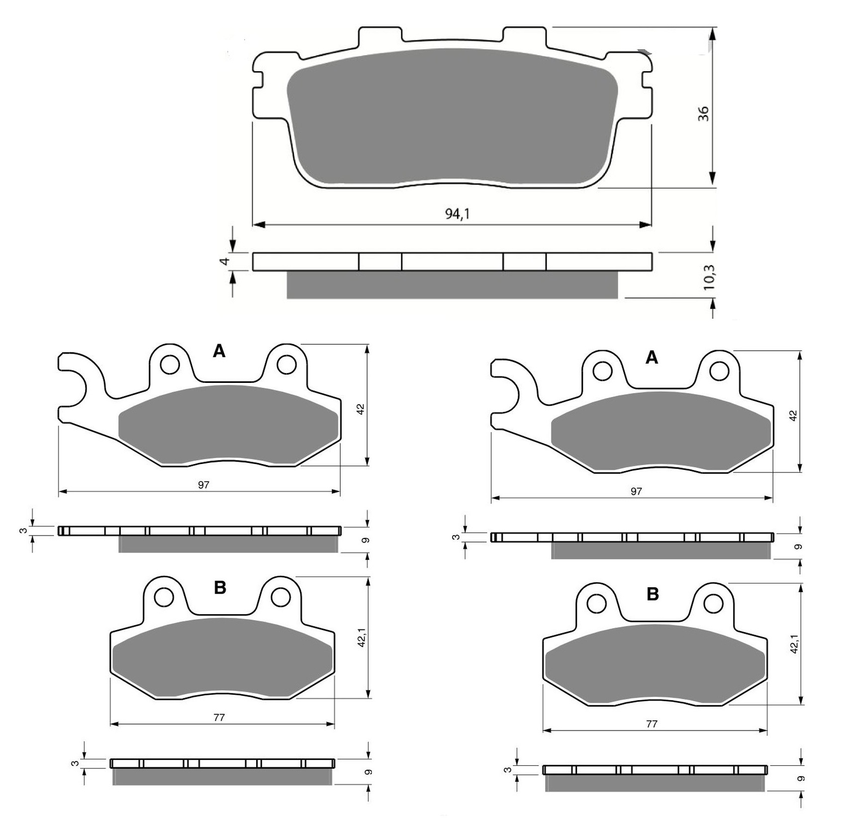 3 Kit plaquettes frein Raven RAV-104-119 Kymco People 250 Av G, Av D et Artitle=Forme et couleur