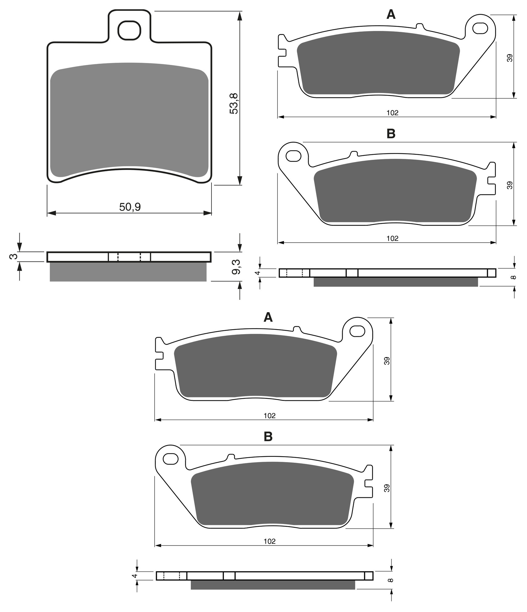 3 Kit plaquettes frein Raven RAV-104-160 Italjet Marco Polo 400 Av G, Av D et Artitle=Forme et couleur