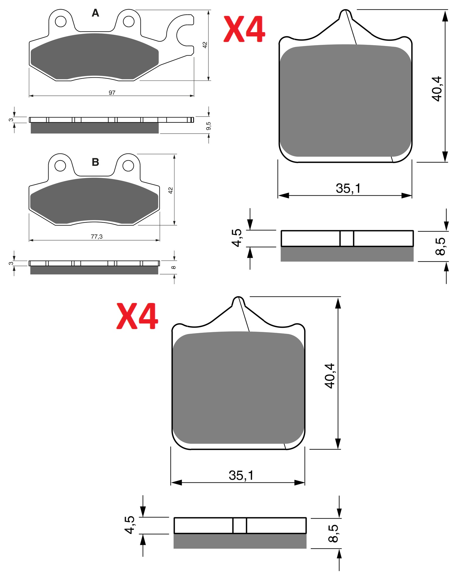 3 Kit plaquettes frein Raven RAV-104-189 Triumph Bonneville 1200 Av G, Av D et Artitle=Forme et couleur